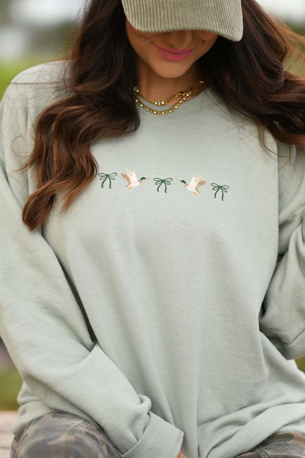 Ducks and Bows Embroidered Sage Green Sweatshirt