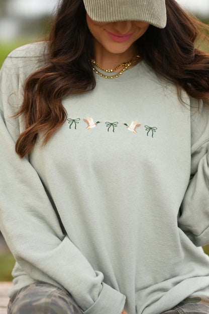 Ducks and Bows Embroidered Sage Green Sweatshirt