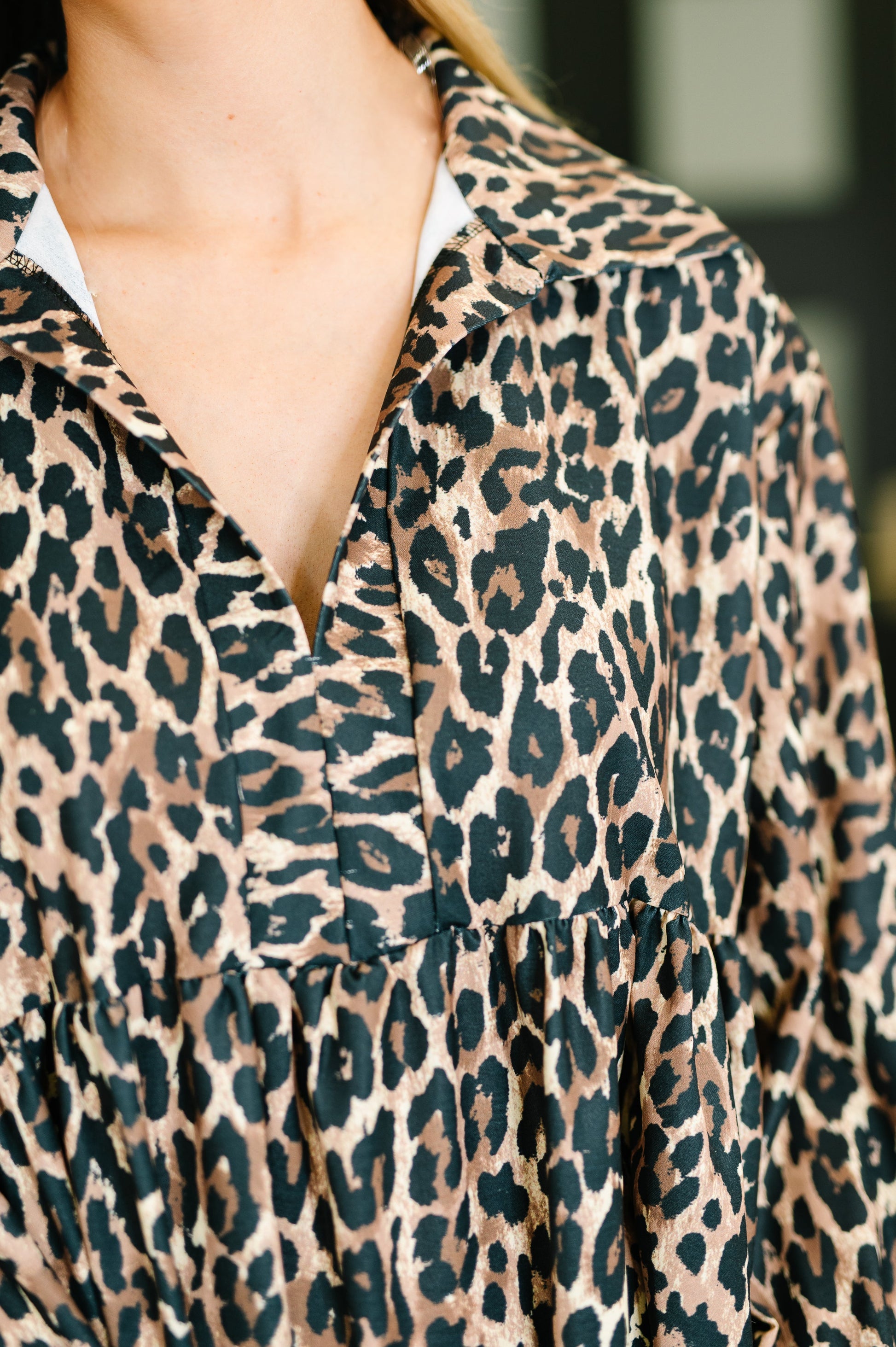 Leopard print blouse with a blurred background