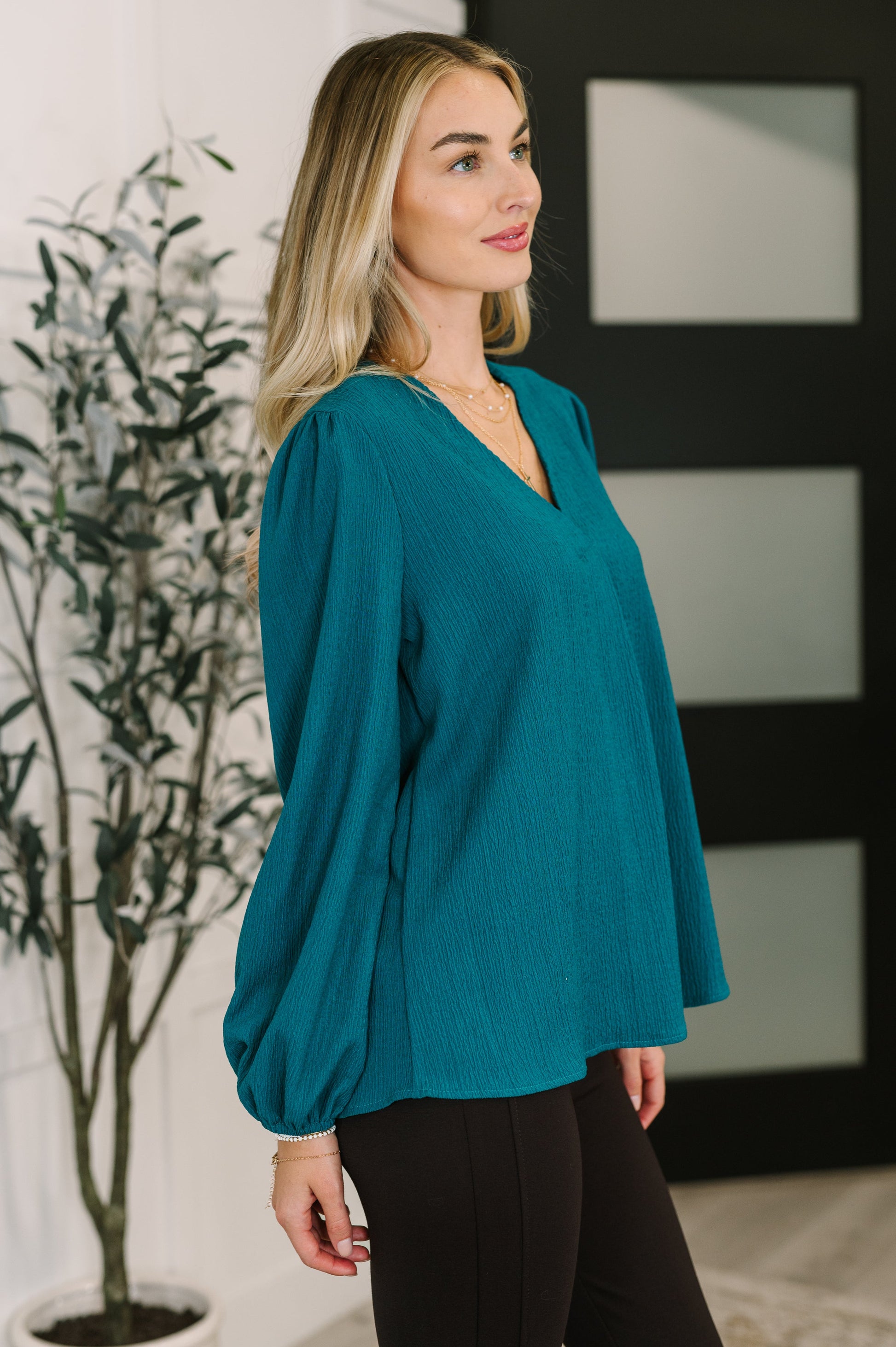 Woman wearing a teal blouse standing indoors with a plant and framed picture in the background