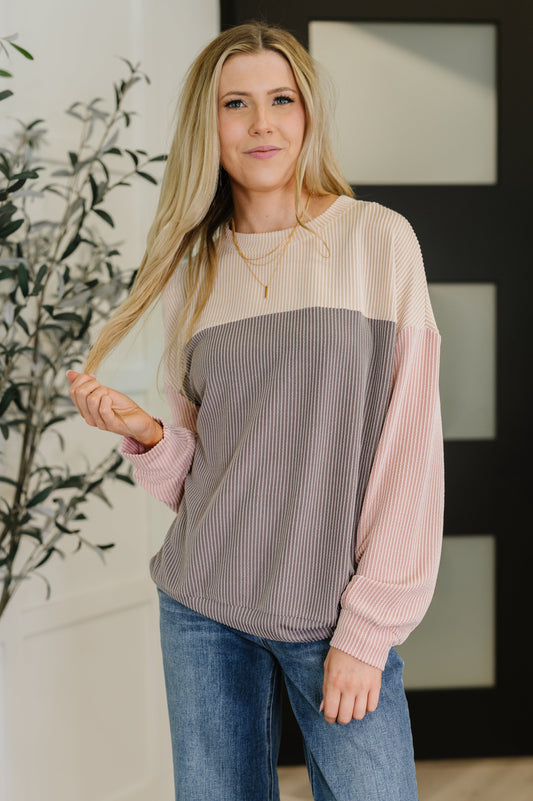 Dual Tones Cable Ribbed Knit Top