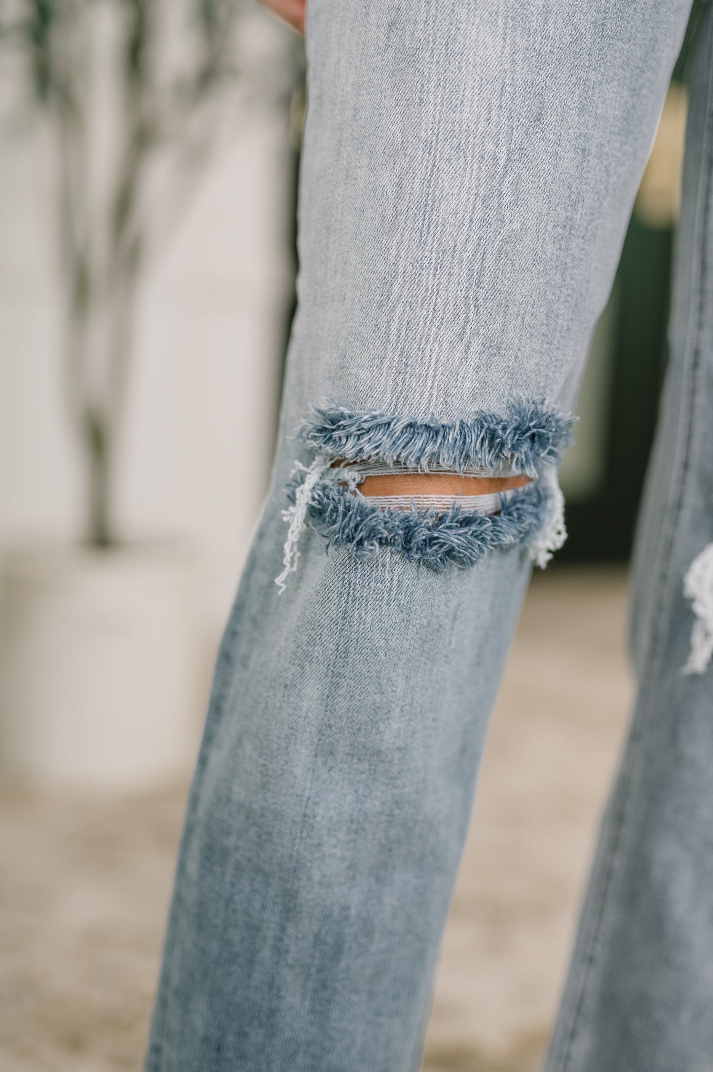 Close-up of distressed denim jeans with a blurred natural background