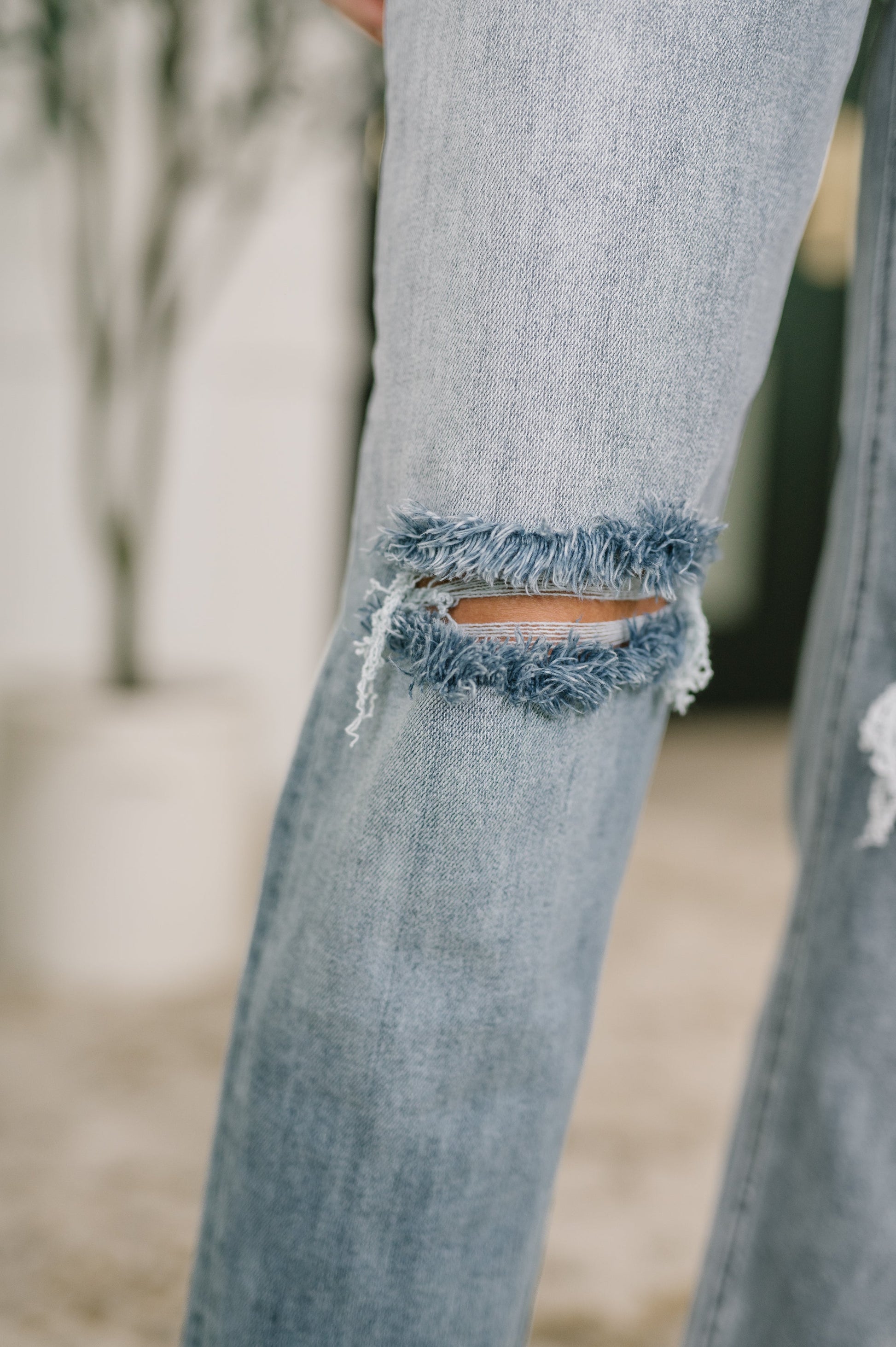 Close-up of distressed denim jeans with a blurred natural background