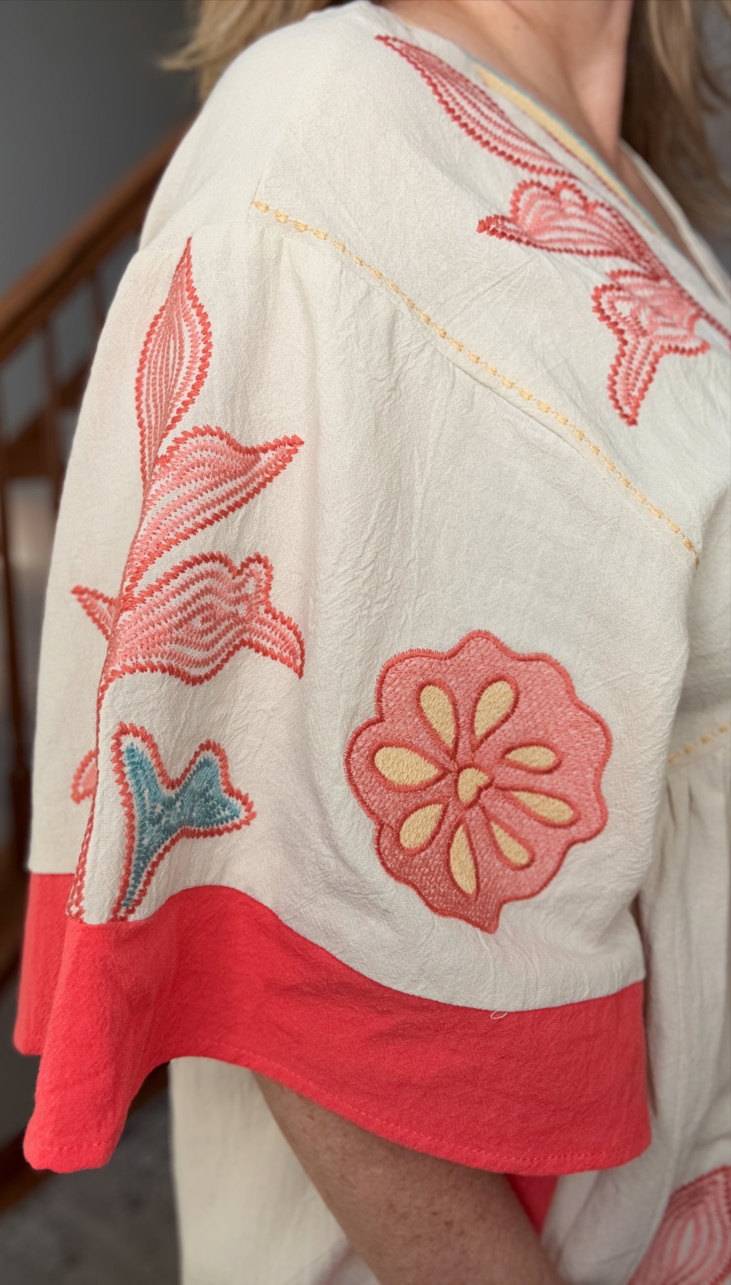 Close-up of a garment with floral embroidery in red and pink on a white background.