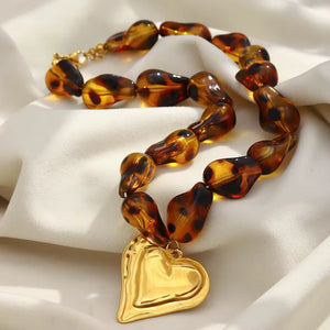 18K Gold Beaded Leopard Heart Pendant Necklace