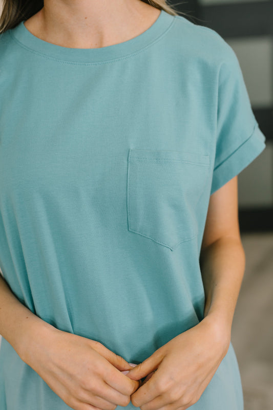 Fix You Right Up Short Sleeve Midi Dress in Dusty Teal