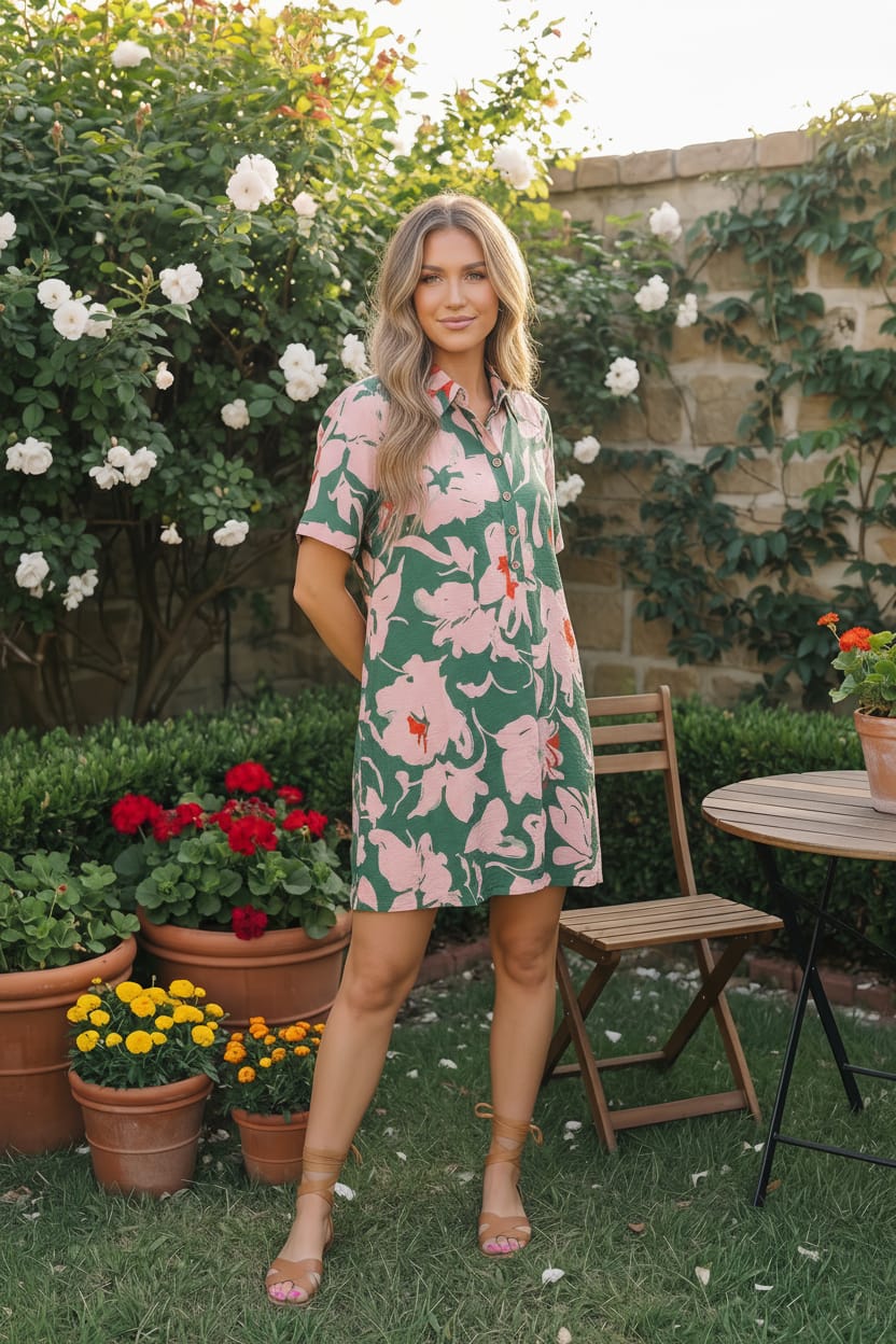 Woman in a floral dress standing in a garden with flowers and a stone wall in the background