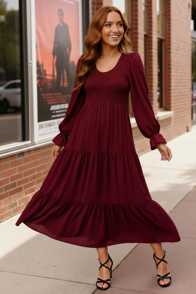 Burgundy Magic Smocked Long Sleeve Maxi Dress