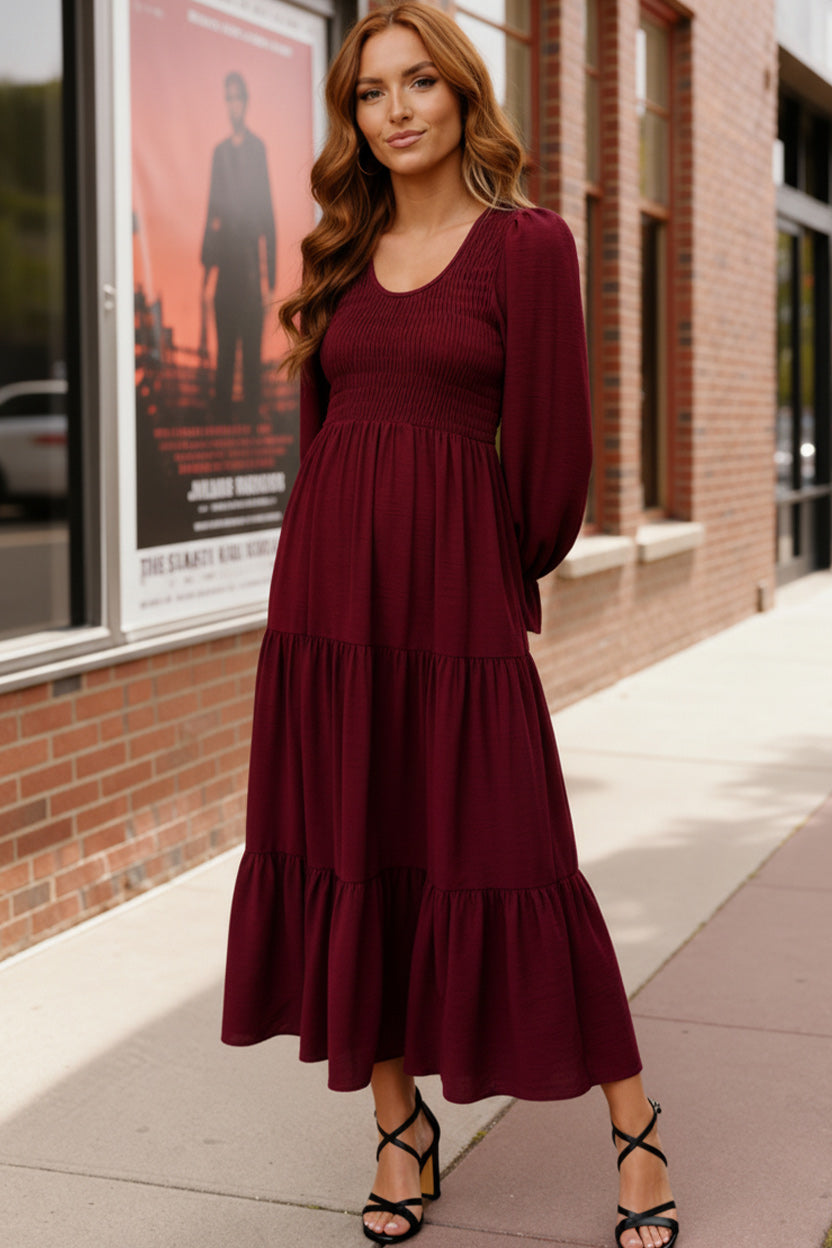 Burgundy Magic Smocked Long Sleeve Maxi Dress