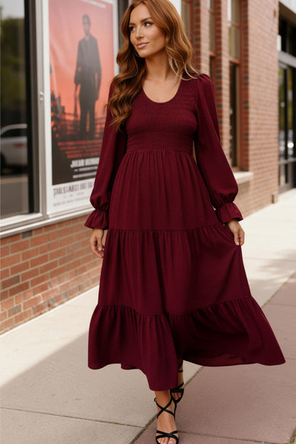 Burgundy Magic Smocked Long Sleeve Maxi Dress