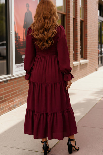 Burgundy Magic Smocked Long Sleeve Maxi Dress