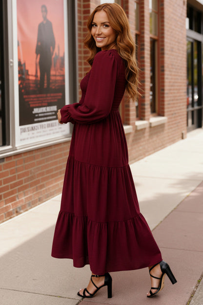 Burgundy Magic Smocked Long Sleeve Maxi Dress