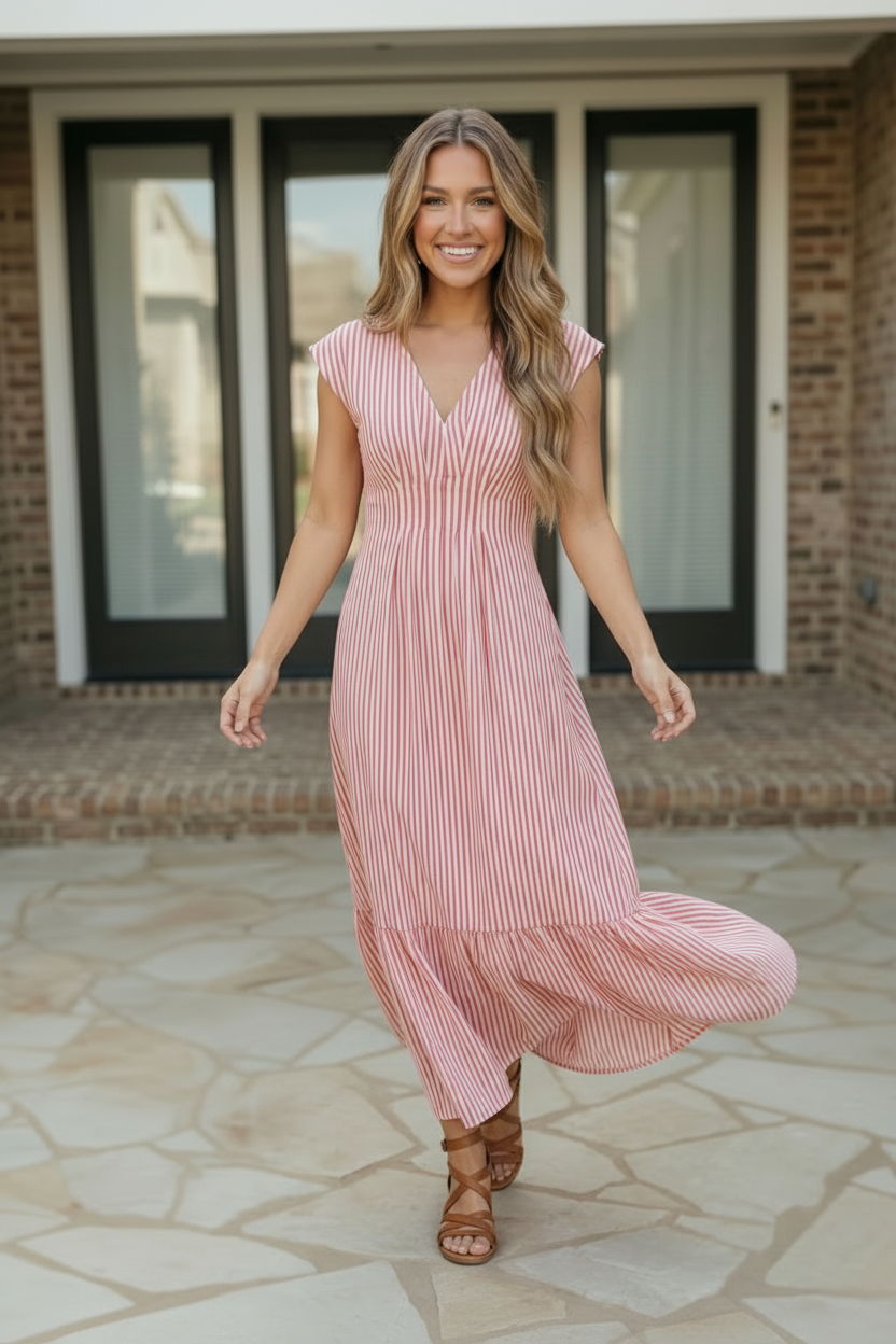 Woman in a pink striped dress standing on a stone patio.