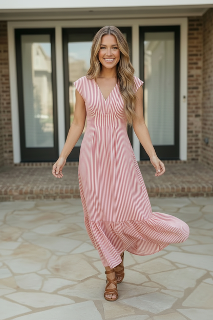 Woman in a pink striped dress standing on a stone patio.