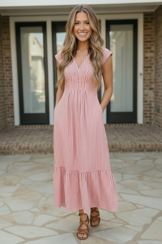 Woman wearing a pink striped dress standing on a patio.