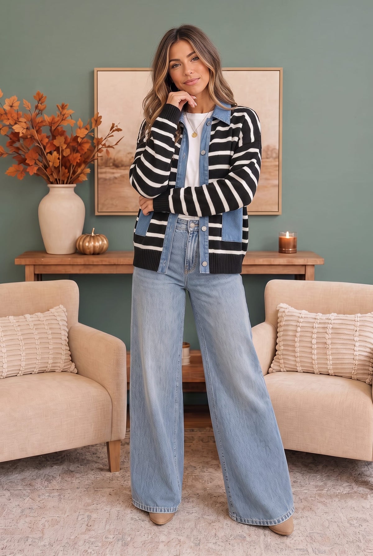A woman stands in a styled living room wearing a black and white striped cardigan with light blue denim sleeves and front pockets, paired with light-wash wide-leg jeans.