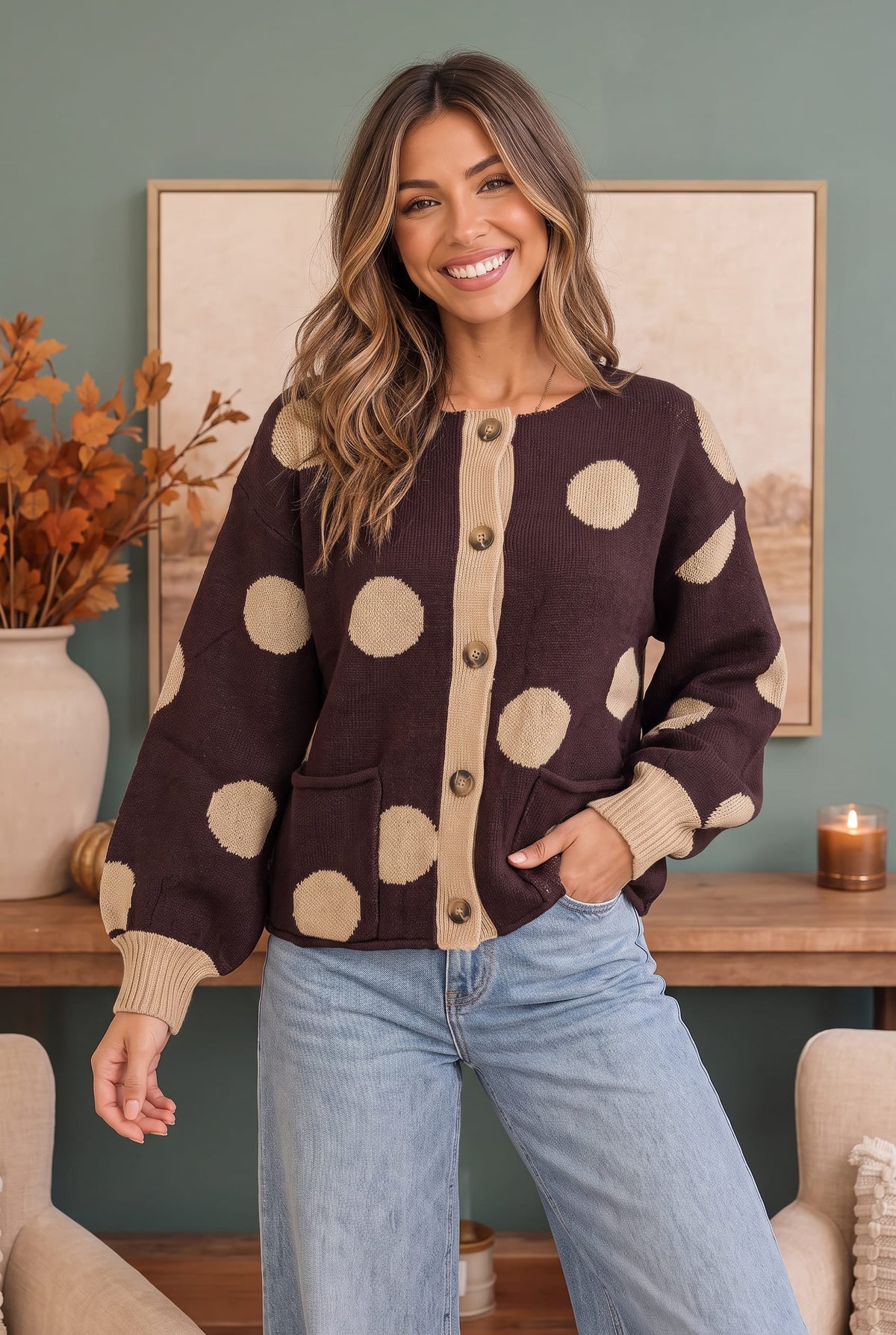 A woman wearing a dark brown and beige polka dot knit cardigan sweater with light blue jeans, standing in a cozy room setting.