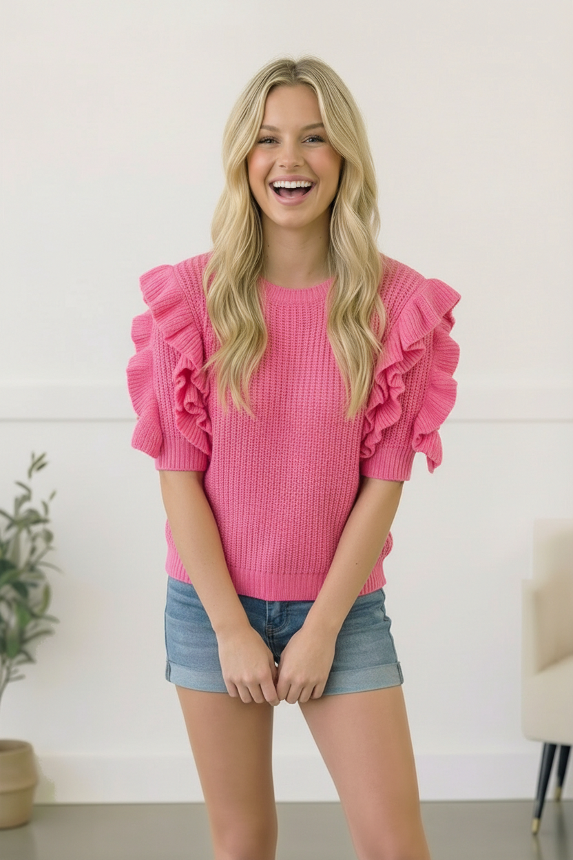 Woman wearing a pink ruffled top and denim shorts indoors.