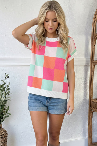 Hot Pink Sugar Rush Checkered Short Sleeve Top