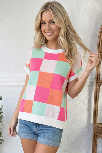 Hot Pink Sugar Rush Checkered Short Sleeve Top