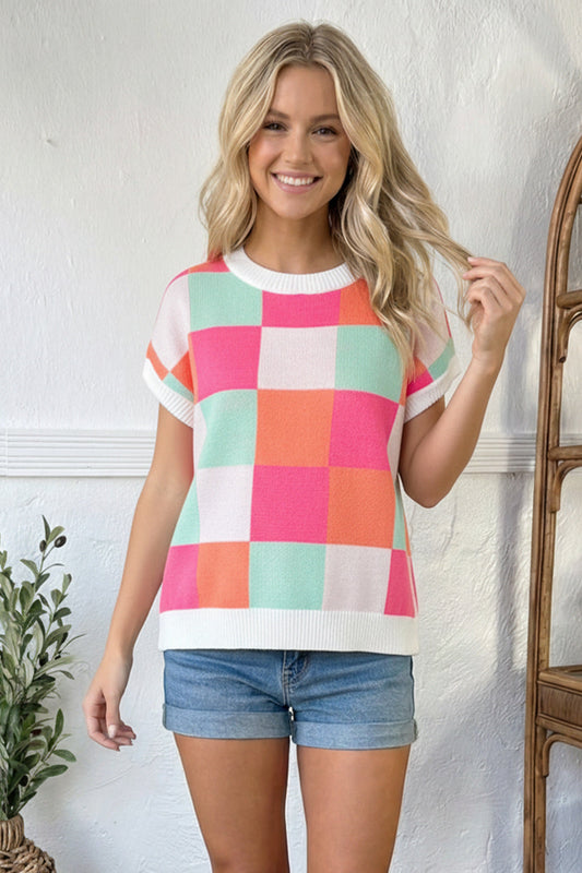 Hot Pink Sugar Rush Checkered Short Sleeve Top