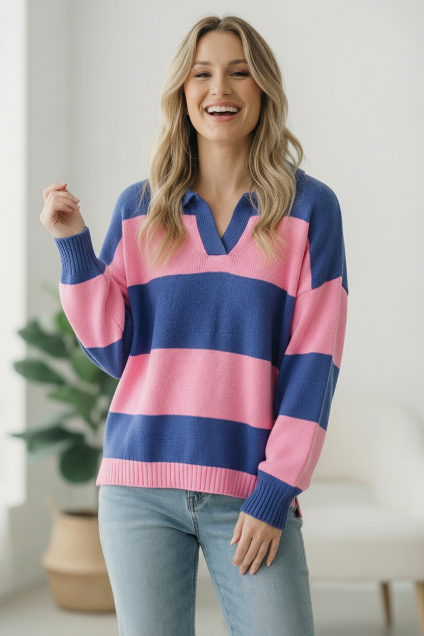 Woman wearing a pink and blue striped sweater indoors