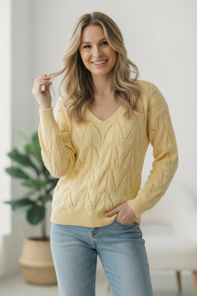 Woman wearing a yellow cable knit sweater and light blue jeans indoors.