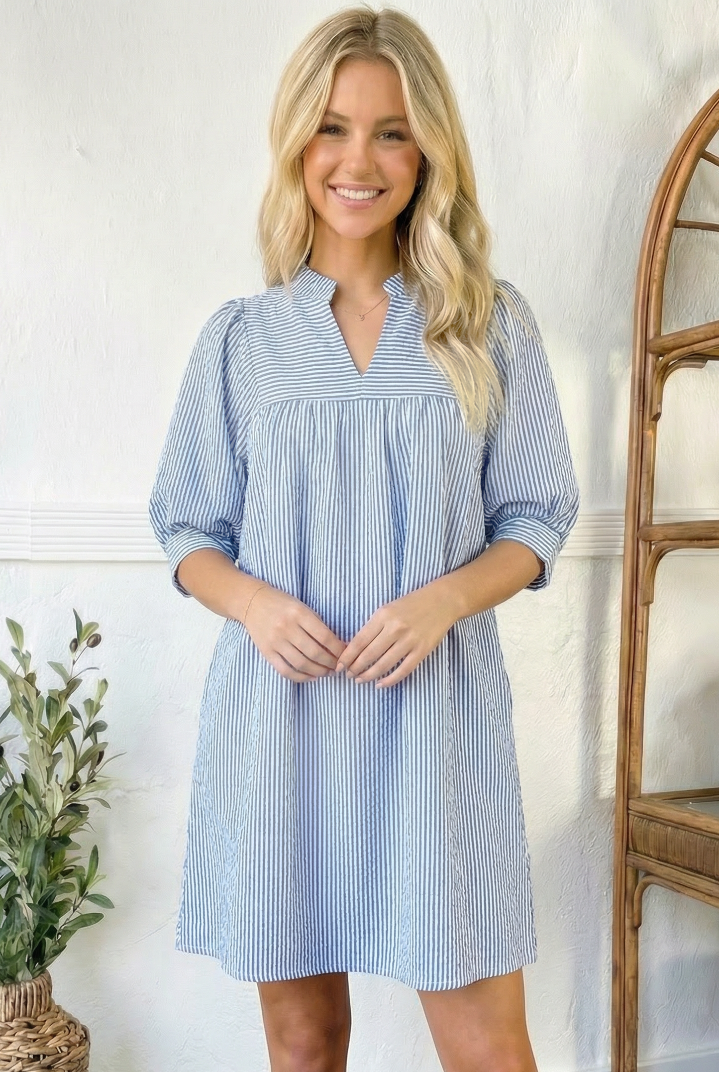 Sunday Stroll Blue Pinstripe Babydoll Dress