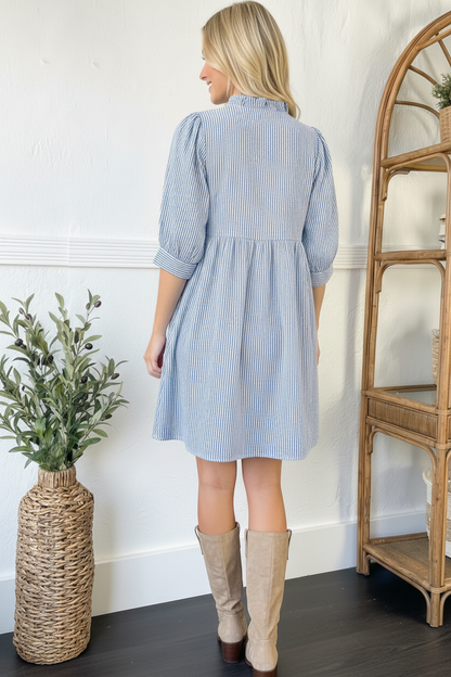Sunday Stroll Blue Pinstripe Babydoll Dress