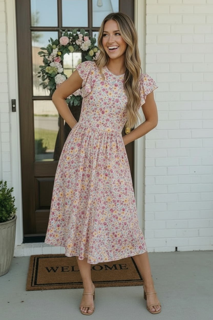 Woman in a floral dress standing in front of a door with a welcome mat.