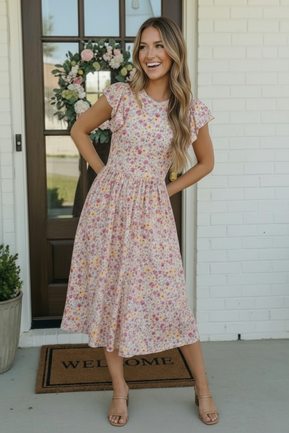 Woman in a floral dress standing in front of a door with a welcome mat.