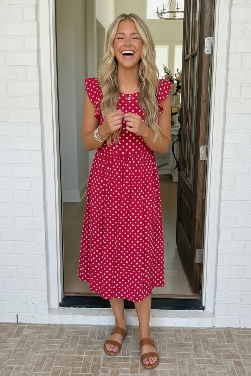 Woman in a pink polka dot dress standing in a doorway.