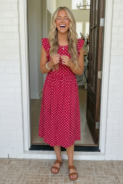 Woman in a pink polka dot dress standing in a doorway.