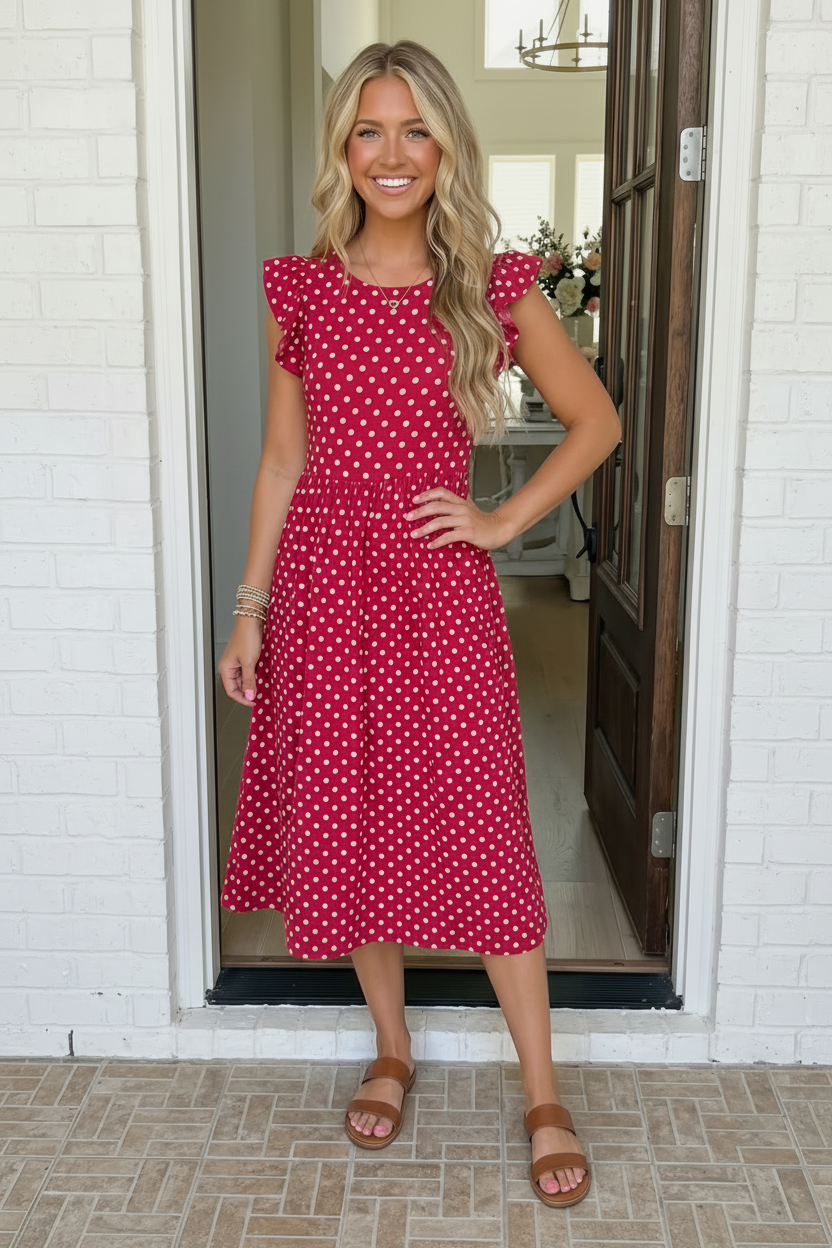Woman wearing a pink polka dot dress standing in a doorway.