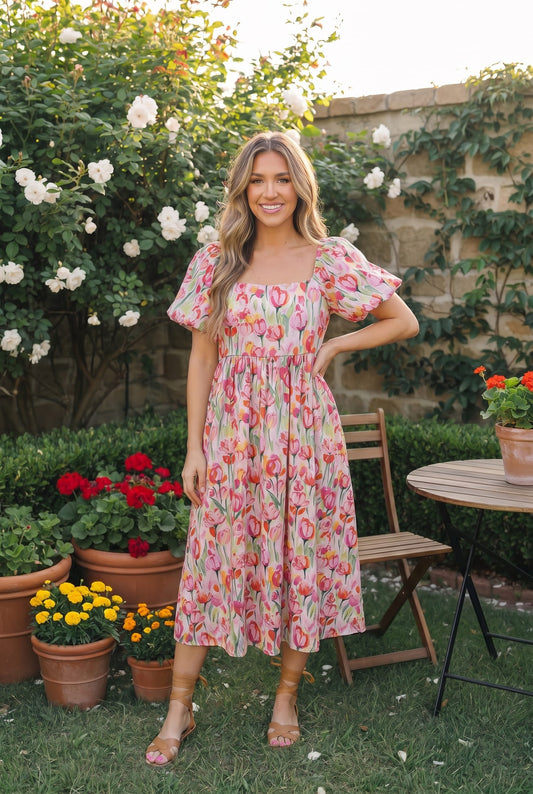 Woman in a floral dress standing in a garden with potted plants and a table.