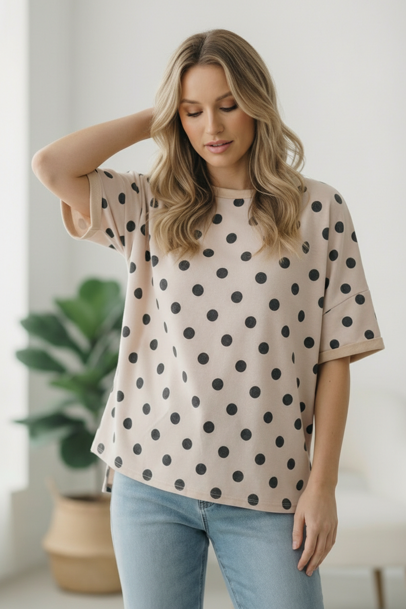 Woman wearing a beige t-shirt with black polka dots and light blue jeans indoors.