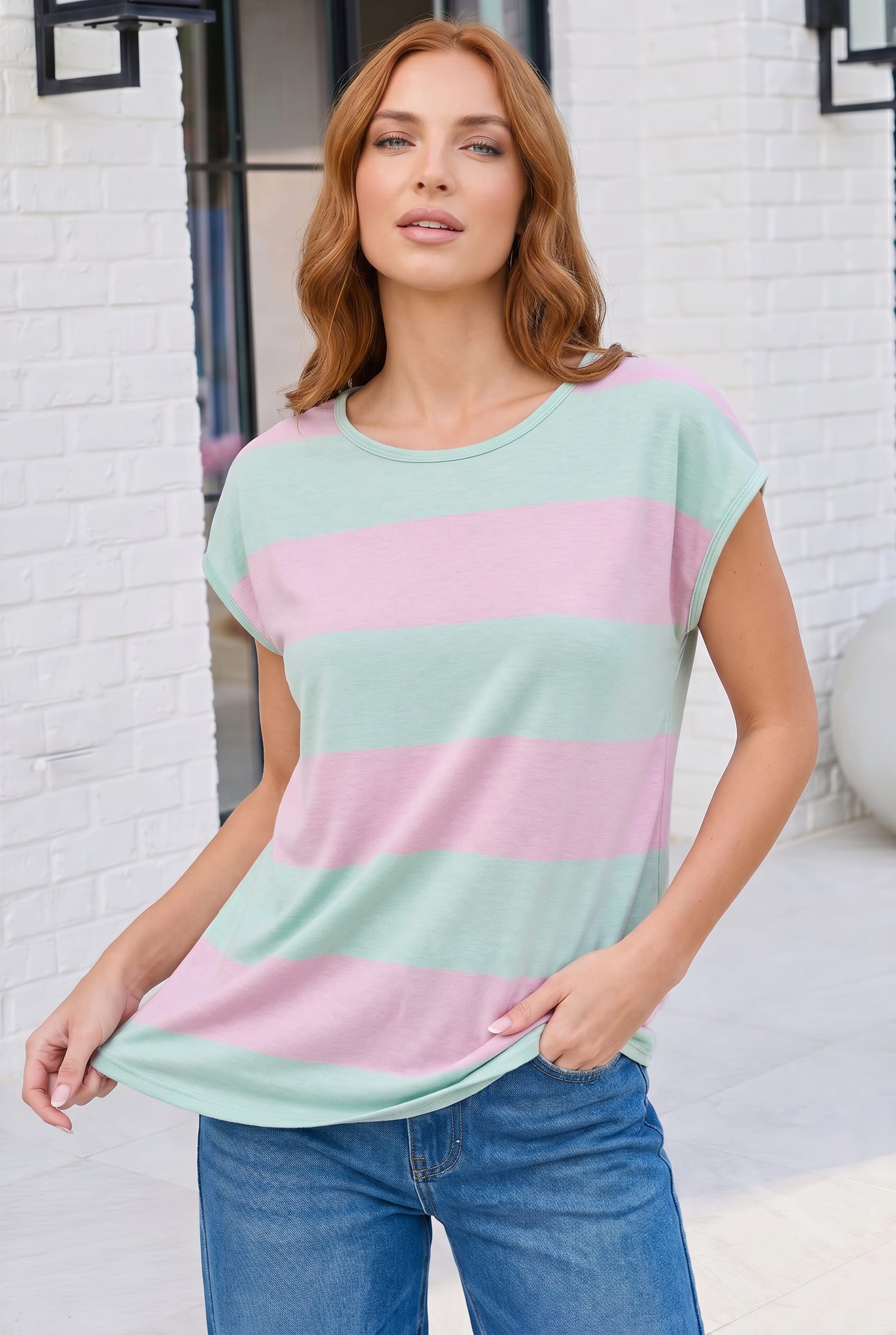 Woman wearing a pastel striped t-shirt and blue jeans against a white brick wall.