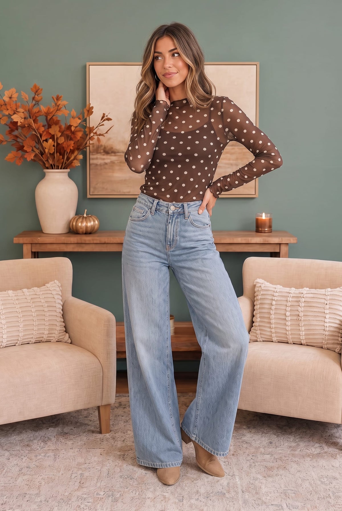 Polka Dotted Dreams Sheer Mesh Mock Neck Top
