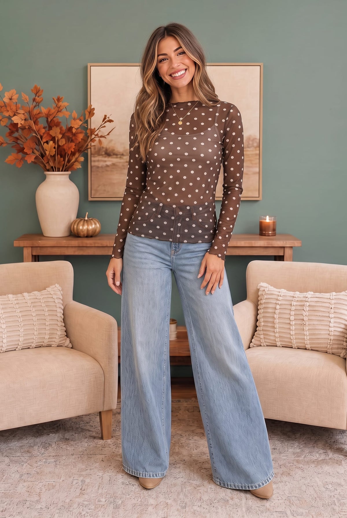 Polka Dotted Dreams Sheer Mesh Mock Neck Top