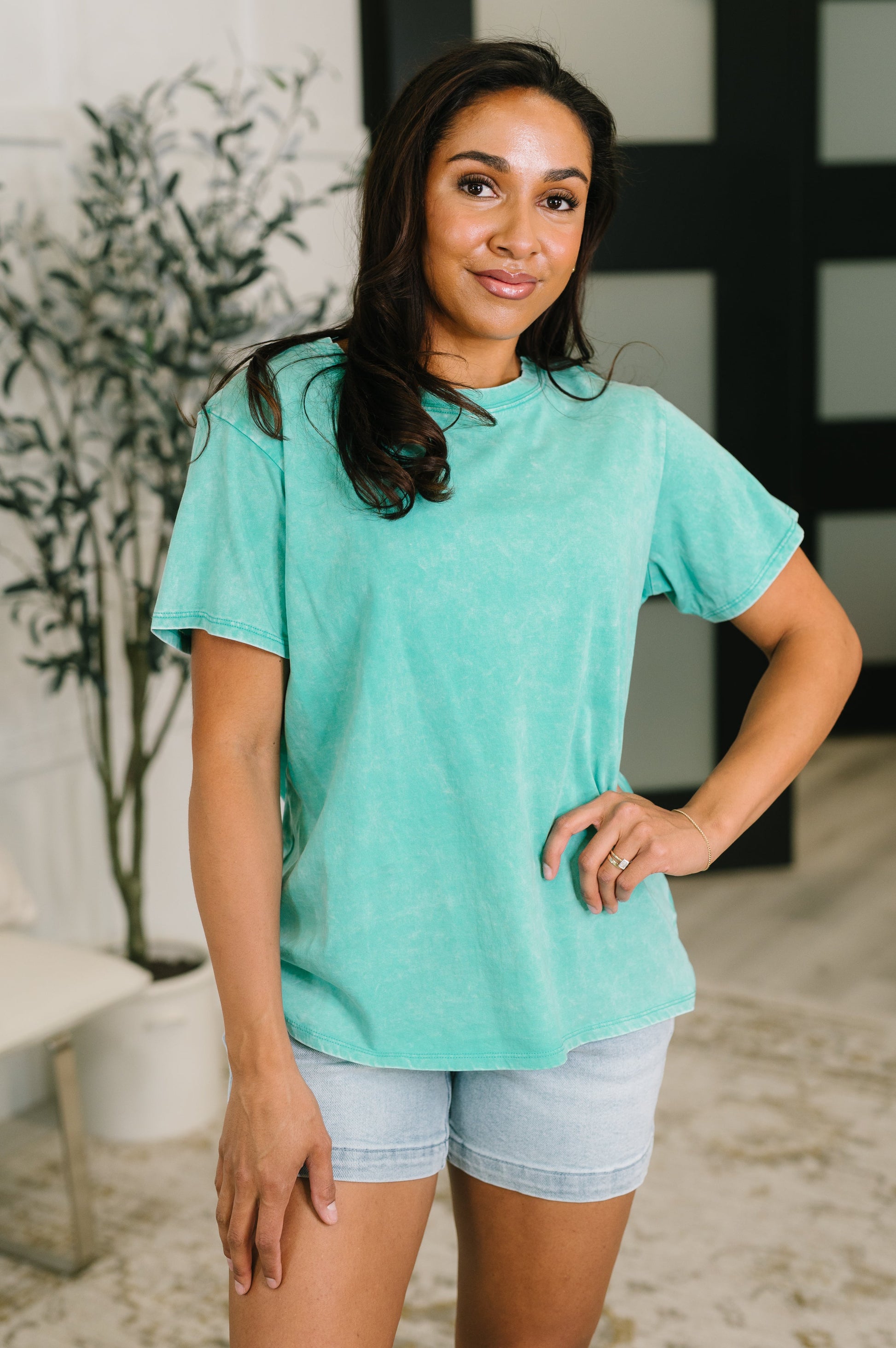 Woman wearing a teal t-shirt and light blue shorts standing indoors with a plant in the background