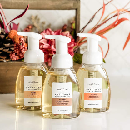 Foaming Hand Soap in three fall scents; Spiced Honey, Toasted Marshmallow, Orange Cranberry. 
