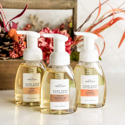 Foaming Hand Soap in three fall scents; Spiced Honey, Toasted Marshmallow, Orange Cranberry. 