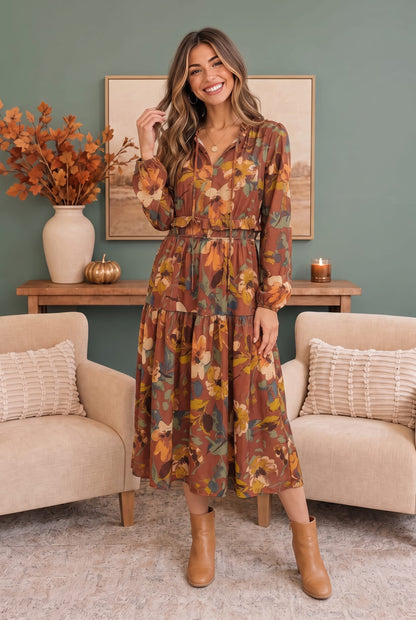 A woman modeling a long-sleeve midi dress with a brown, orange, and yellow floral print, standing in a cozy living room setting with beige armchairs and a green wall.