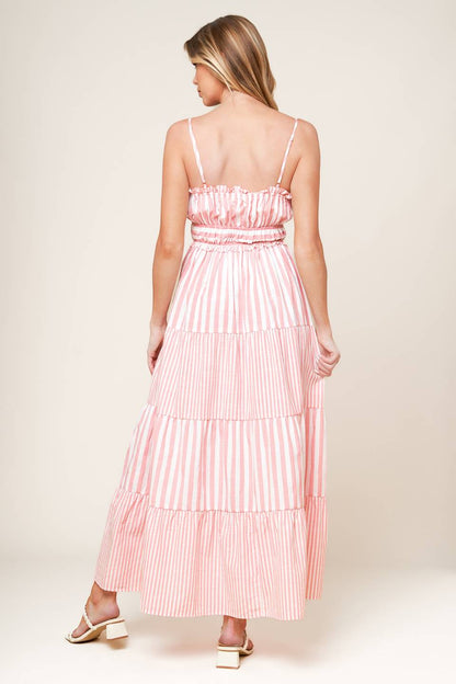 A pink and white striped dress with tiered skirt and ruffle detailing