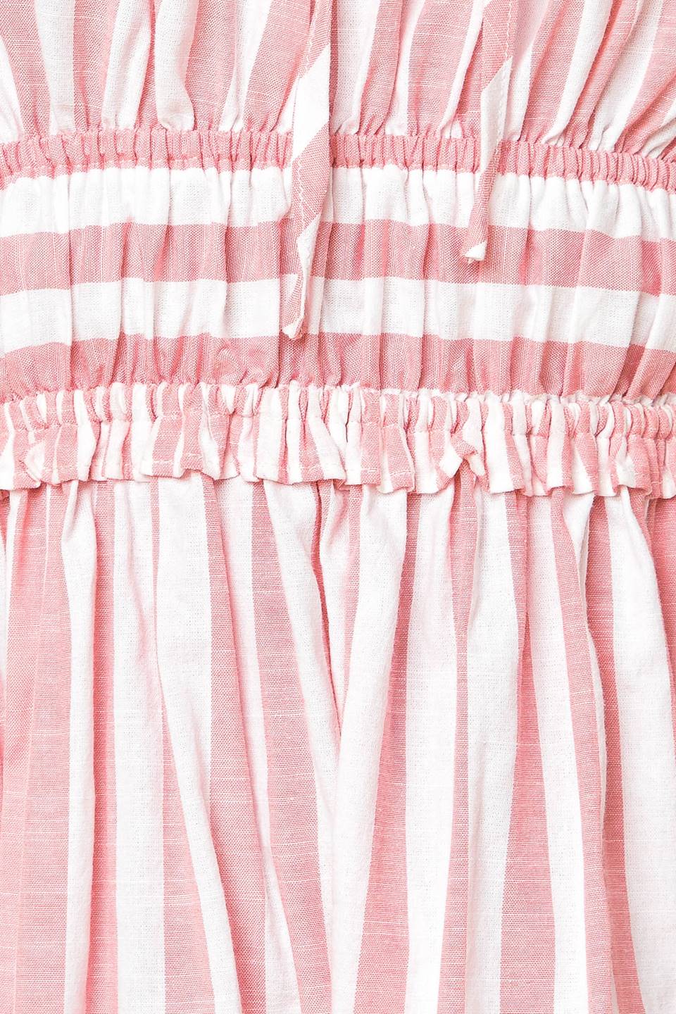 A pink and white striped dress with tiered skirt and ruffle detailing