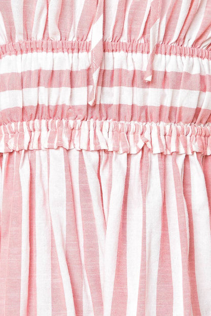 A pink and white striped dress with tiered skirt and ruffle detailing