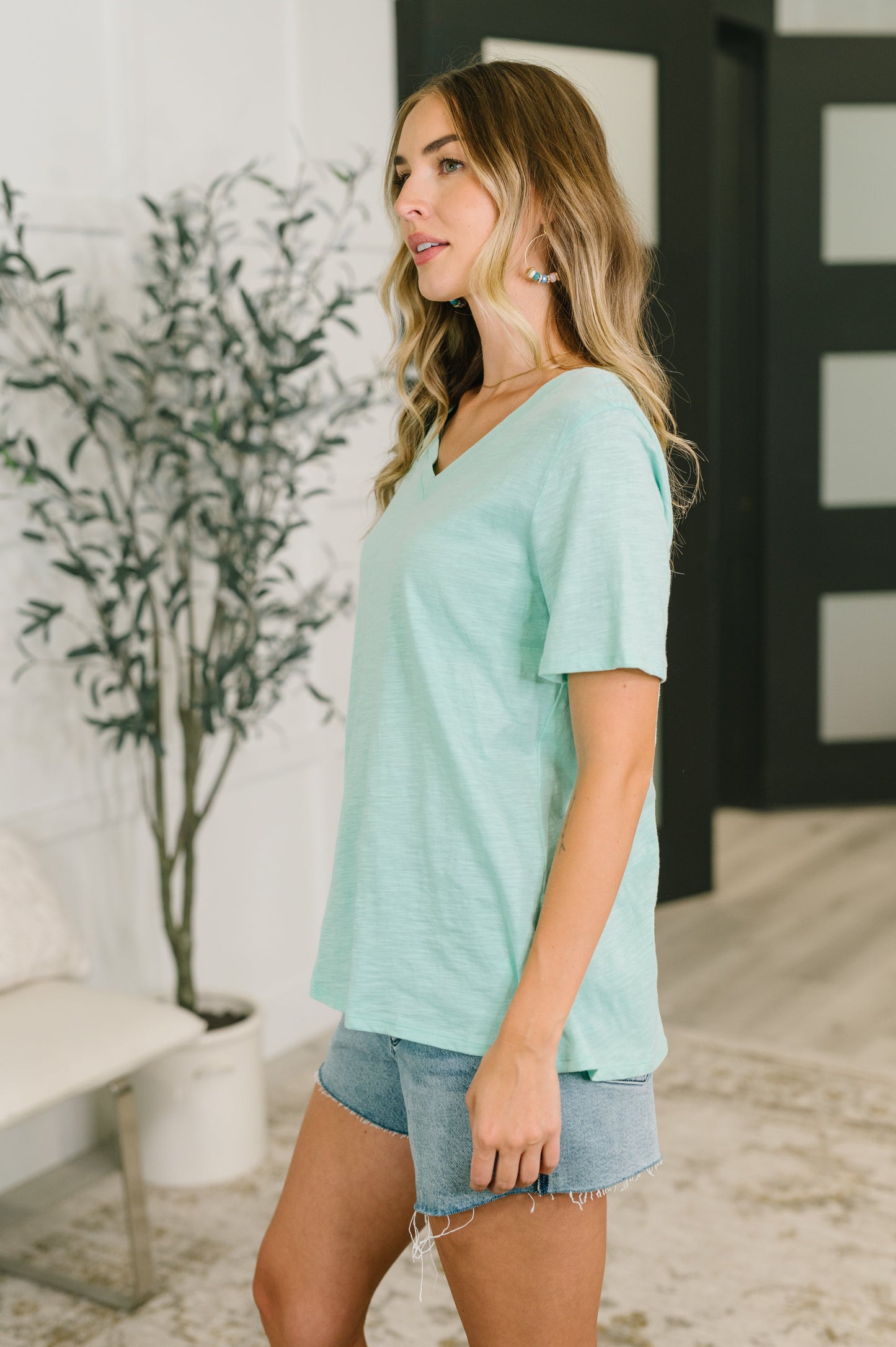 A woman wearing a light mint green short-sleeve V-neck t-shirt and denim shorts, standing in a brightly lit room with a potted plant and modern door in the background.