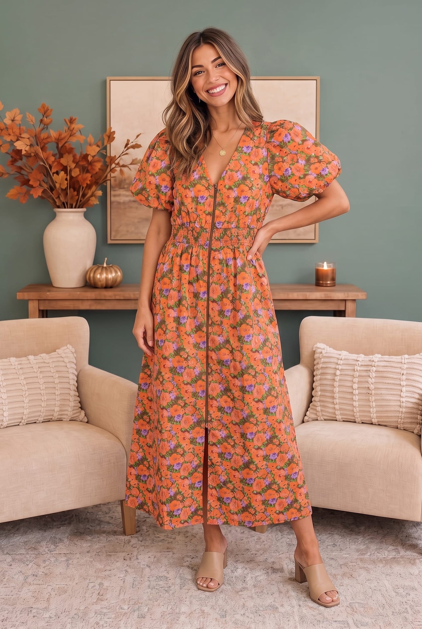 Bloom Into Fall Midi Floral Cotton Zip Dress