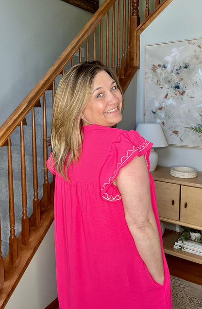 Carnival Flutter Sleeve Dress In Hot Pink