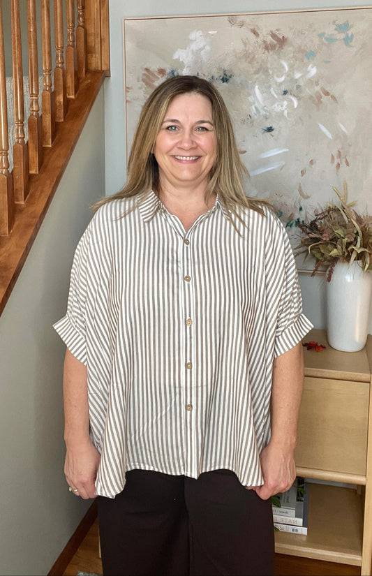 Boxy Striped Button Up in Mocha